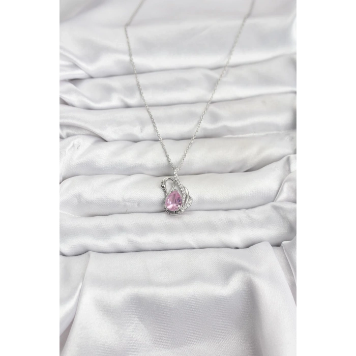 Erb 316L Çelik Zincir Gümüş Renk Pembe Kuğu Model Zirkon Taşlı Kadın Kolye