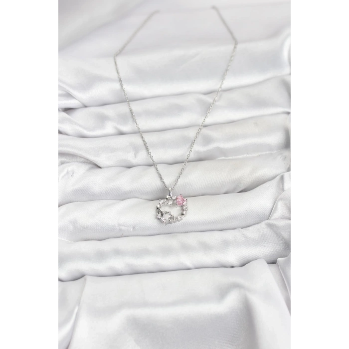 Erb 316L Çelik Zincir Gümüş Renk Pembe Taş Detaylı Çelenk Model Kadın Kolye