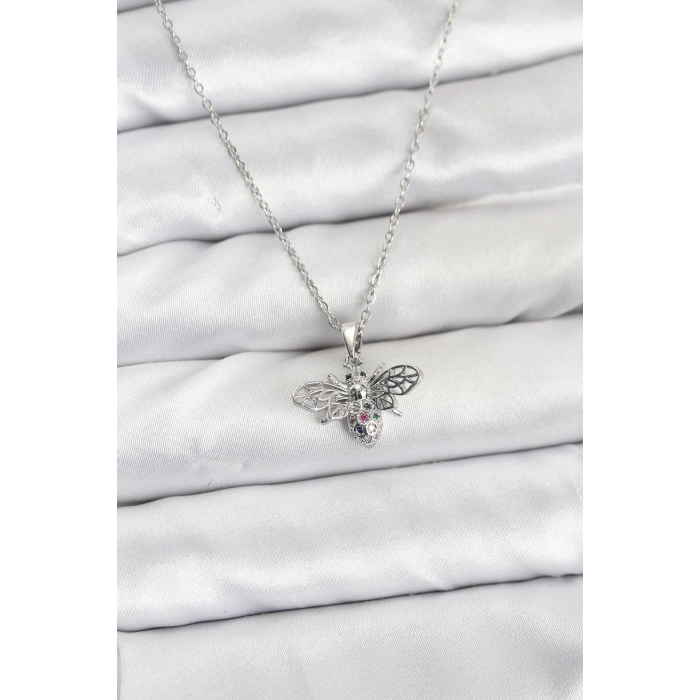 Erb 316L Çelik Zincir Gümüş Renk Sinek Model Zirkon Taşlı Kadın Kolye