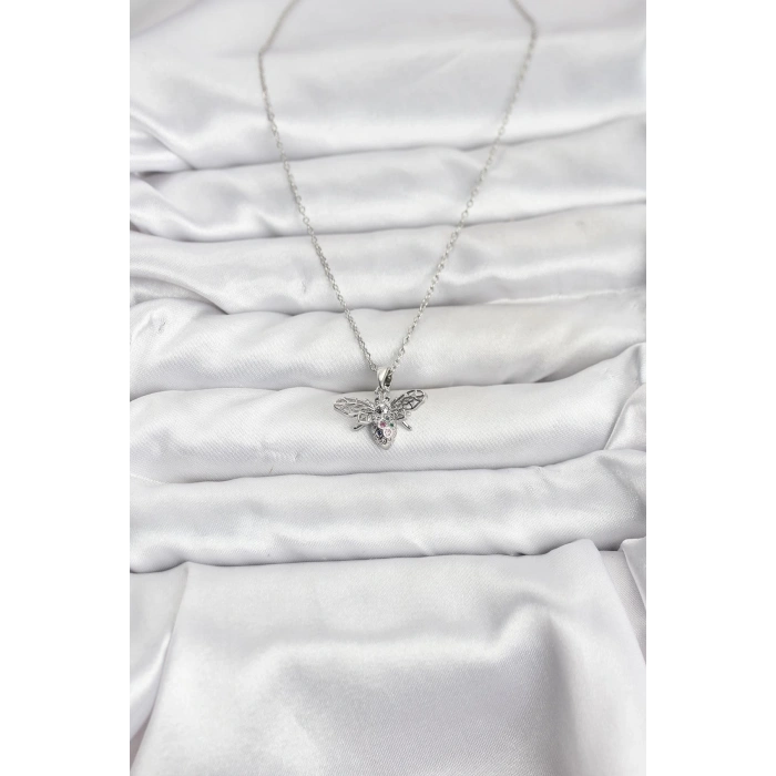 Erb 316L Çelik Zincir Gümüş Renk Sinek Model Zirkon Taşlı Kadın Kolye