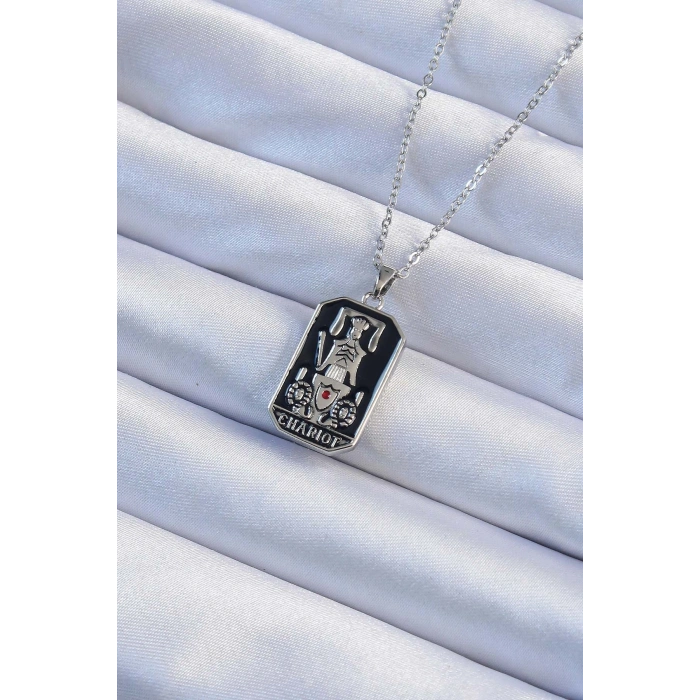 Erb 316L Çelik Zincir Gümüş Renk Siyah Mineli Tarot Kolye