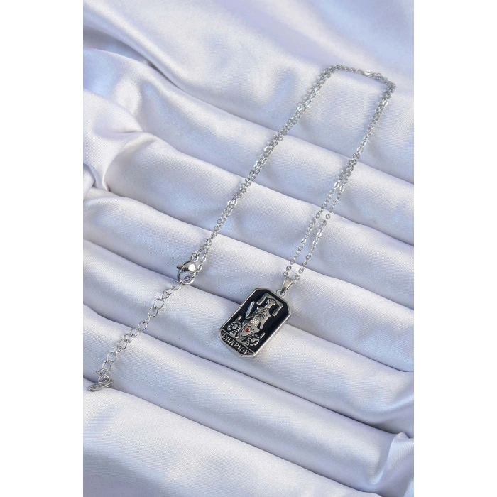 Erb 316L Çelik Zincir Gümüş Renk Siyah Mineli Tarot Kolye