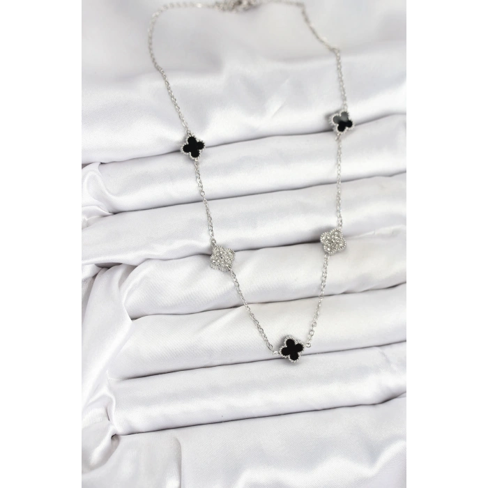 Erb 316L Çelik Zincir Gümüş Renk Siyah Ve Zirkon Taşlı Baby Boy Yonca Kadın Kolye