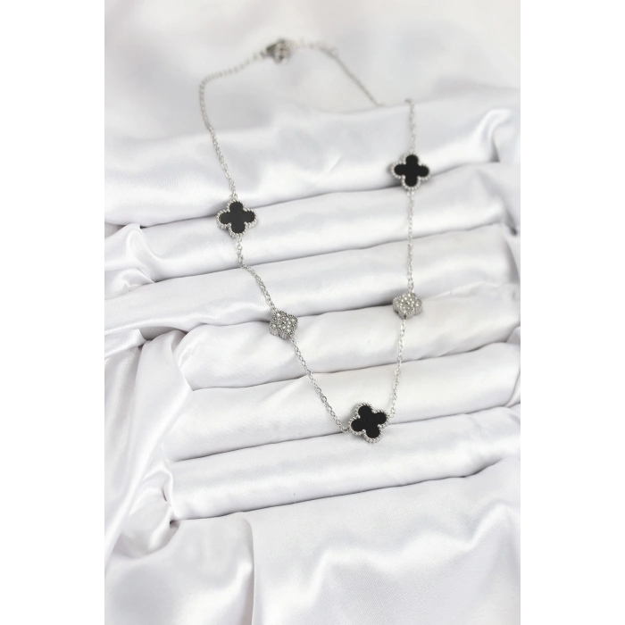 Erb 316L Çelik Zincir Gümüş Renk Siyah Ve Zirkon Taşlı Yonca Kadın Kolye
