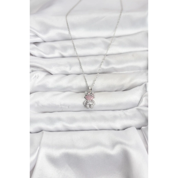 Erb 316L Çelik Zincir Gümüş Renk Teddy Bear Model Zirkon Taşlı Kadın Kolye