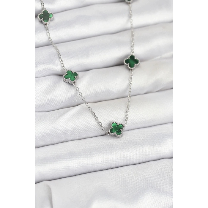 Erb 316L Çelik Zincir Gümüş Renk Yeşil Baby Boy Yonca Kadın Kolye