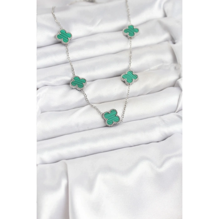 Erb 316L Çelik Zincir Gümüş Renk Yeşil Yonca Kadın Kolye