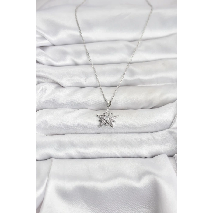 Erb 316L Çelik Zincir Gümüş Renk Yıldız Model Zirkon Taşlı Kadın Kolye