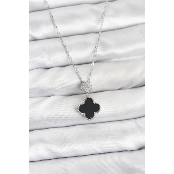 Erb 316L Çelik Zincir Gümüş Renk Yonca Model Zirkon Taşlı Kadın Kolye