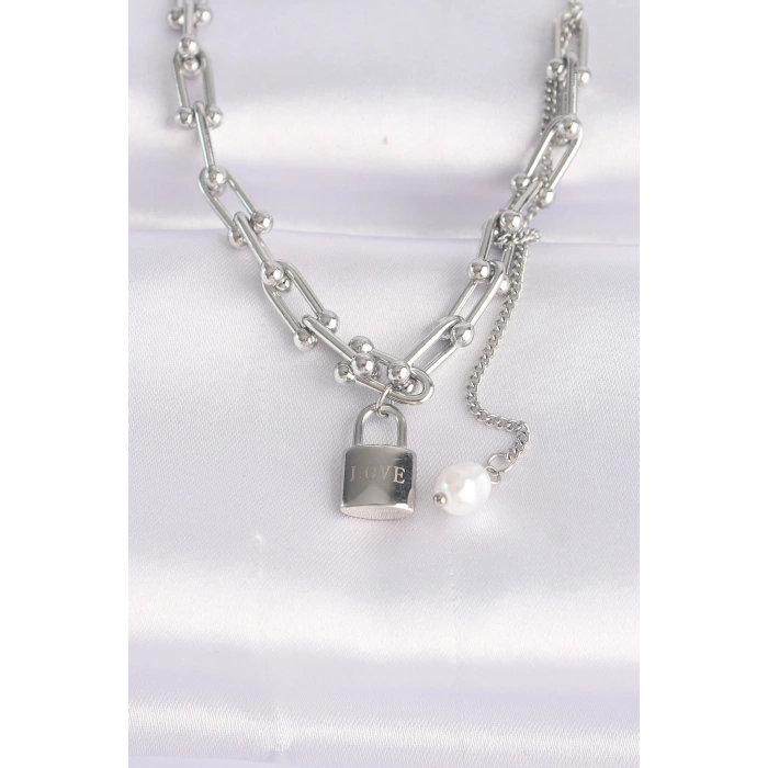 Erb 316L Çelik Zincir Gümüş Renk Zincirli Love Yazılı Kilit Kolye