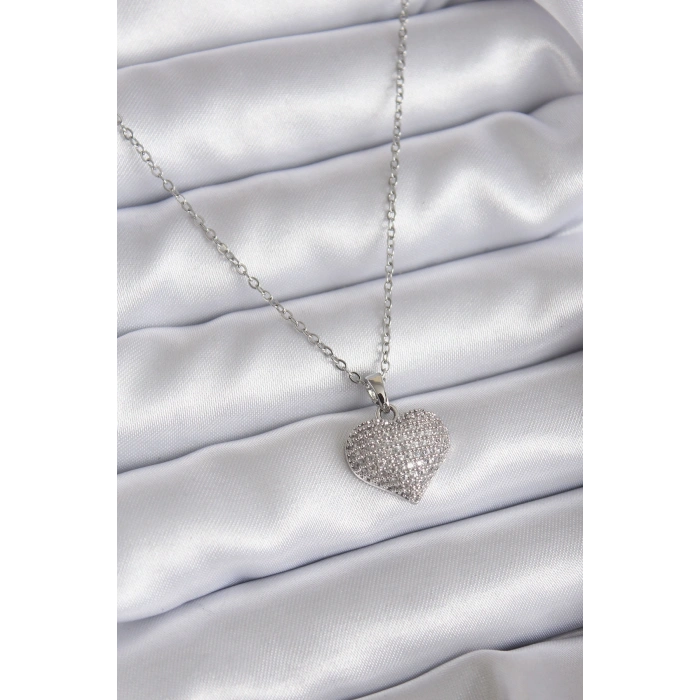 Erb 316L Çelik Zincir Gümüş Renk Zirkon Taş Detay Kalp Model Kadın Kolye