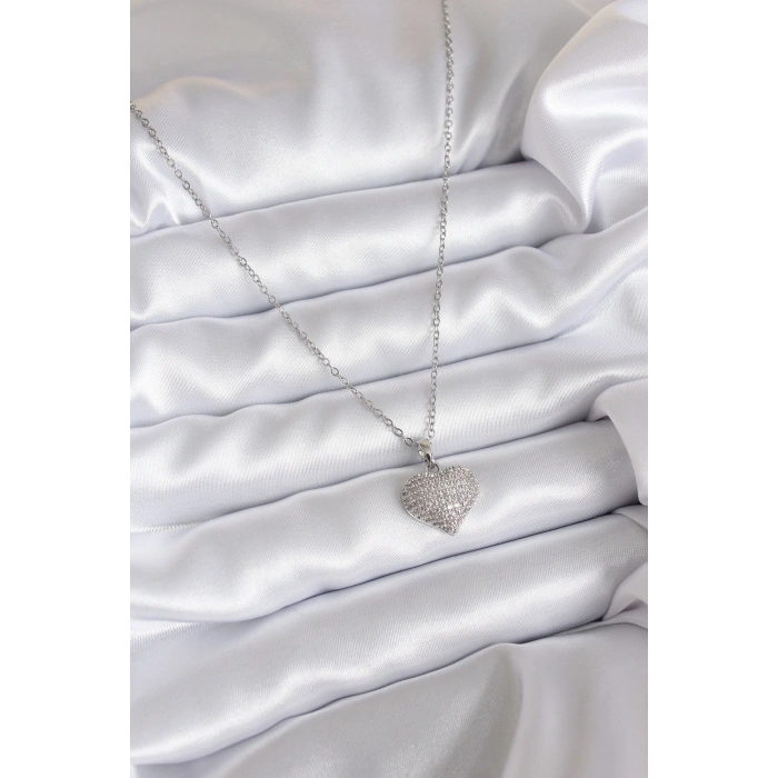 Erb 316L Çelik Zincir Gümüş Renk Zirkon Taş Detay Kalp Model Kadın Kolye
