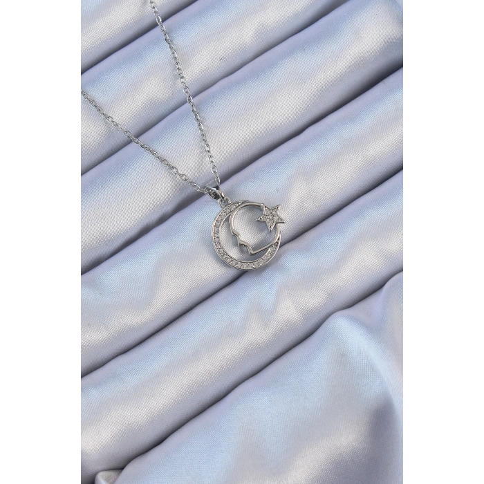 Erb 316L Çelik Zincir Gümüş Renk Zirkon Taşlı Ay Yıldız Simgeli Atatürk Kolye