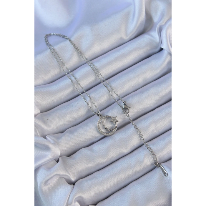 Erb 316L Çelik Zincir Gümüş Renk Zirkon Taşlı Ay Yıldız Simgeli Atatürk Kolye