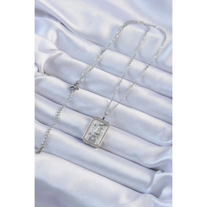 Erb 316L Çelik Zincir Gümüş Renk Zirkon Taşlı Çerçeveli Tarot Kolye