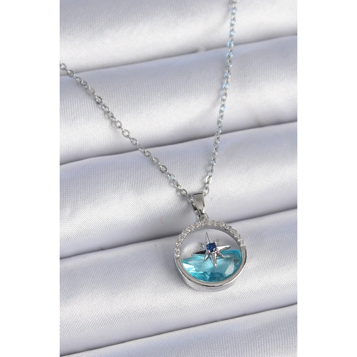 Erb 316L Çelik Zincir Gümüş Renk Zirkon Taşlı Deniz Görünüm Kutup Yıldızı Kolye