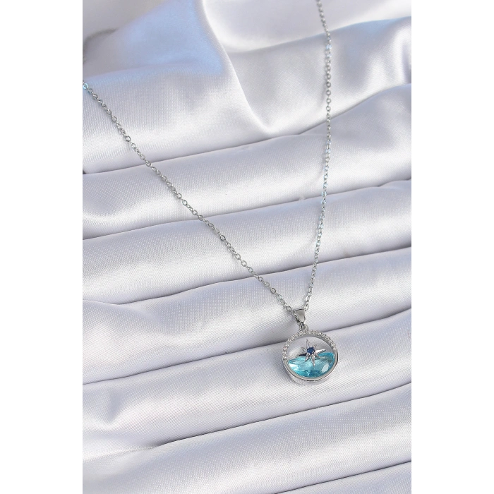 Erb 316L Çelik Zincir Gümüş Renk Zirkon Taşlı Deniz Görünüm Kutup Yıldızı Kolye