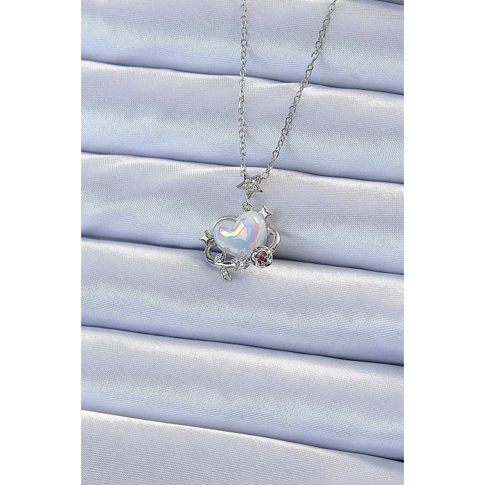 Erb 316L Çelik Zincir Gümüş Renk Zirkon Taşlı Gezegen Görünümlü Kalp Kolye