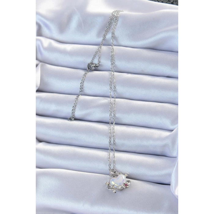 Erb 316L Çelik Zincir Gümüş Renk Zirkon Taşlı Gezegen Görünümlü Kalp Kolye