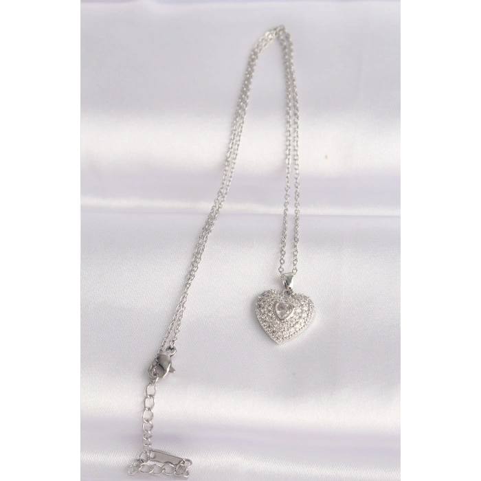 Erb 316L Çelik Zincir Gümüş Renk Zirkon Taşlı Kalp Kolye