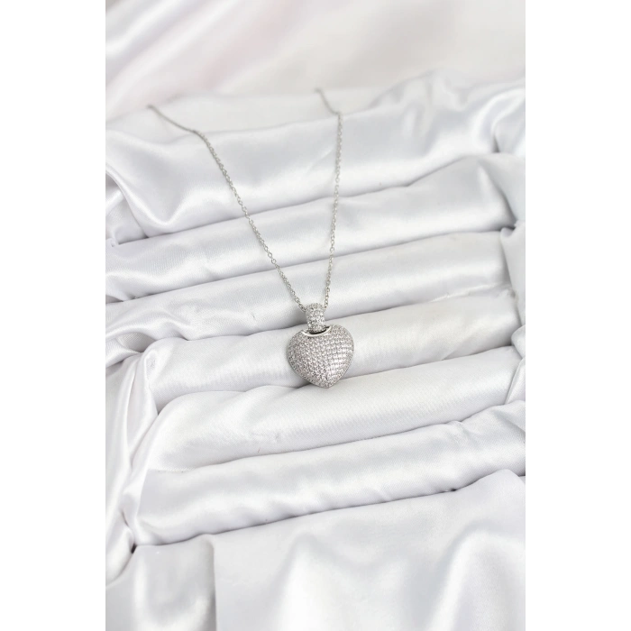 Erb 316L Çelik Zincir Gümüş Renk Zirkon Taşlı Kalpli Kadın Kolye