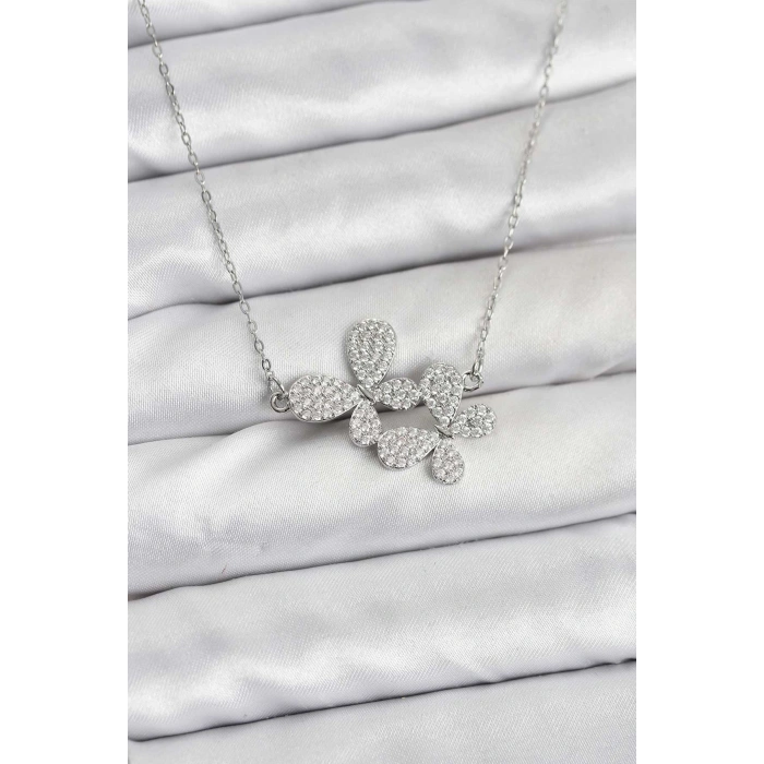 Erb 316L Çelik Zincir Gümüş Renk Zirkon Taşlı Kelebek Model Kadın Kolye