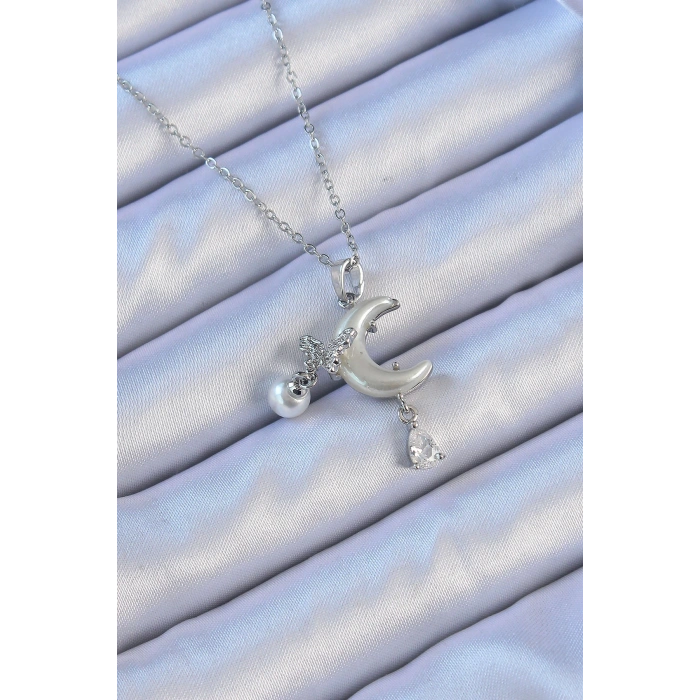 Erb 316L Çelik Zincir Gümüş Renk Zirkon Taşlı Kelebekli Mineli Ay Kolye