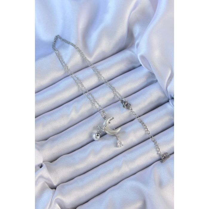 Erb 316L Çelik Zincir Gümüş Renk Zirkon Taşlı Kelebekli Mineli Ay Kolye