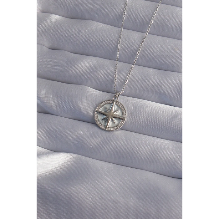 Erb 316L Çelik Zincir Gümüş Renk Zirkon Taşlı Kutup Yıldızı Kolye