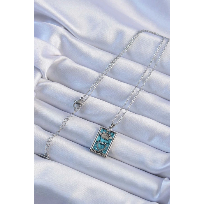 Erb 316L Çelik Zincir Gümüş Renk Zirkon Taşlı Mavi Mermer Desenli Taç Model Tarot Kolye