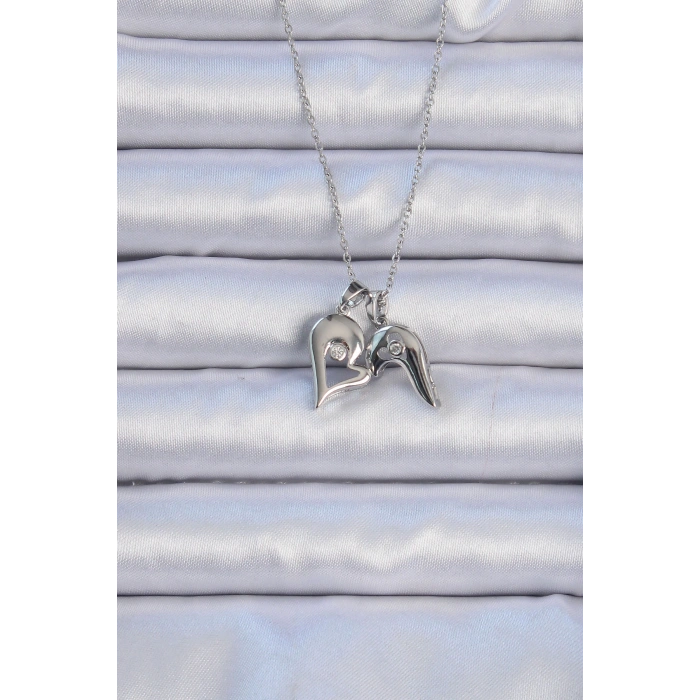 Erb 316L Çelik Zincir Gümüş Renk Zirkon Taşlı Mıknatıslı Kalp Kolye