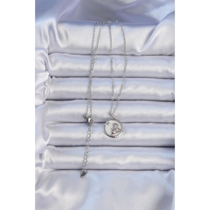 Erb 316L Çelik Zincir Gümüş Renk Zirkon Taşlı Mineli Melek Kolye