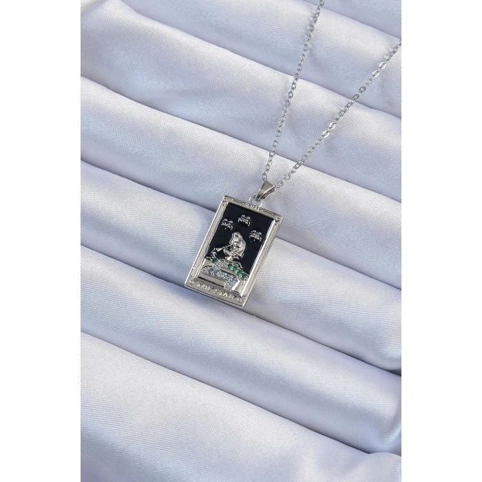 Erb 316L Çelik Zincir Gümüş Renk Zirkon Taşlı Siyah Mineli Kız Figürlü Tarot Kolye