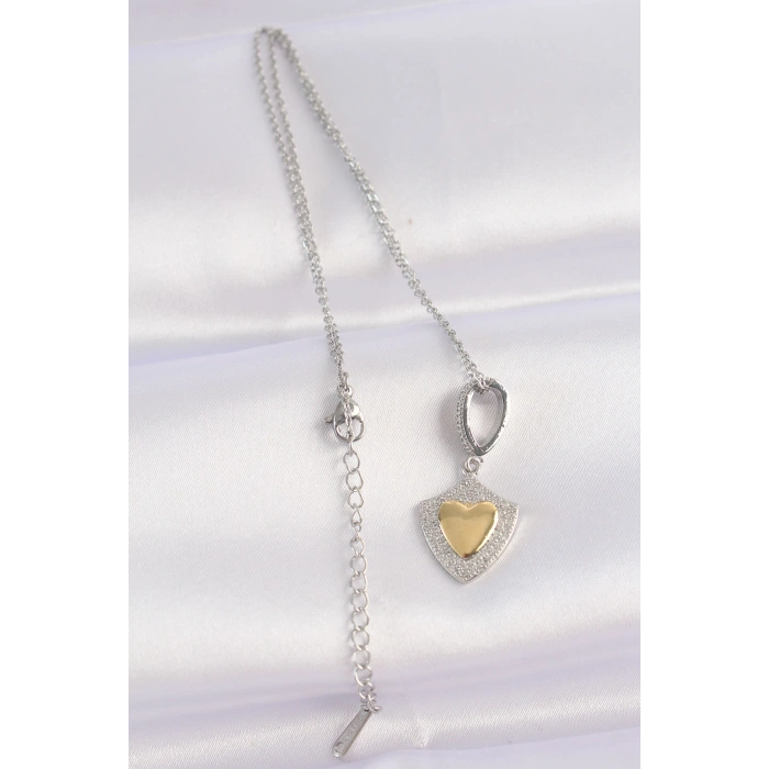 Erb 316L Çelik Zincir Gümüş Renk Zirkon Taşlı Tasarım Altın Renk Kalp Kolye
