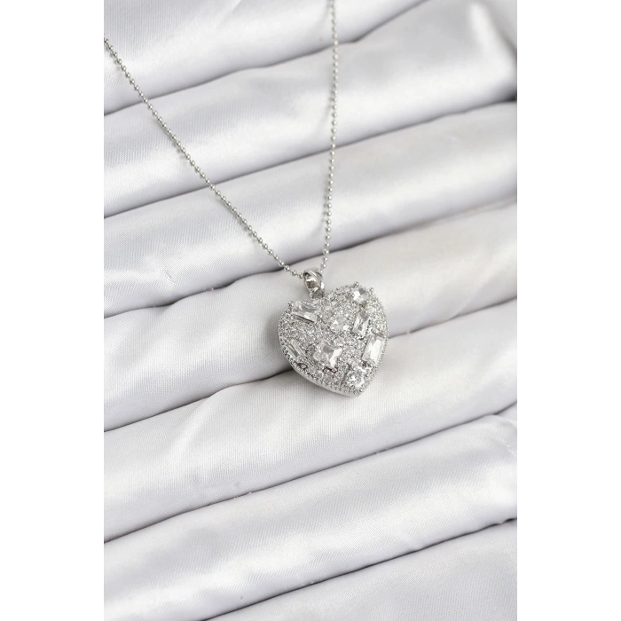 Erb 316L Çelik Zincir Gümüş Zirkon Taşlı Kalpli Kadın Kolye