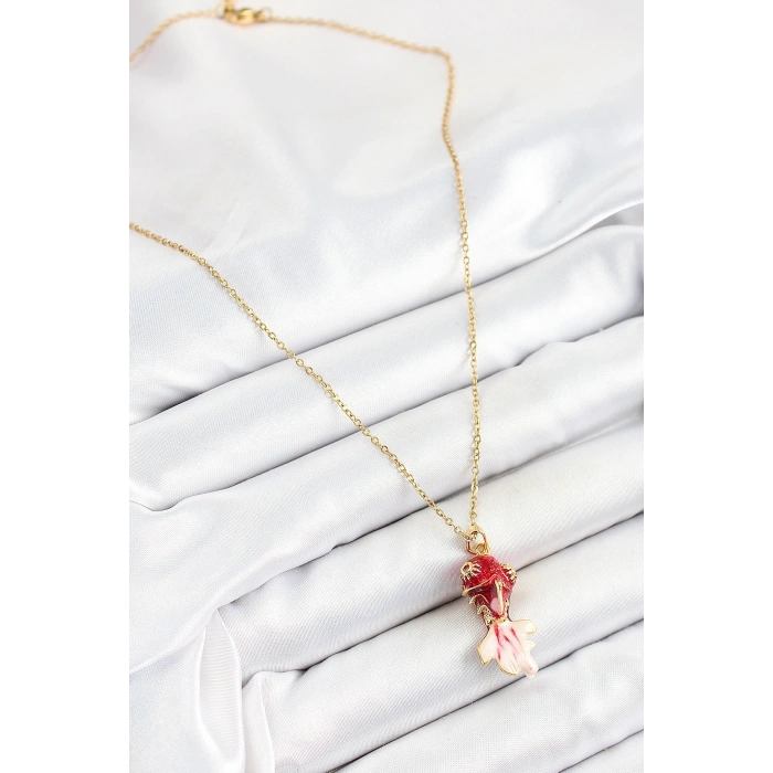 Erb 316L Çelik Zincir Kırmızı Balık Model Gold Renk Kadın Kolye