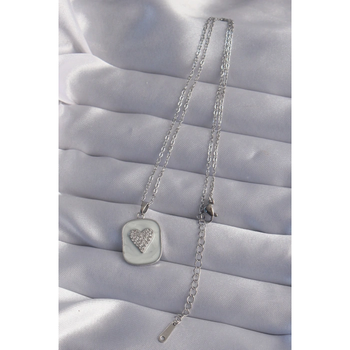 Erb 316L Çelik Zincir Mermer Desenli Gümüş Renk Zirkon Taşlı Kalp Model Kolye
