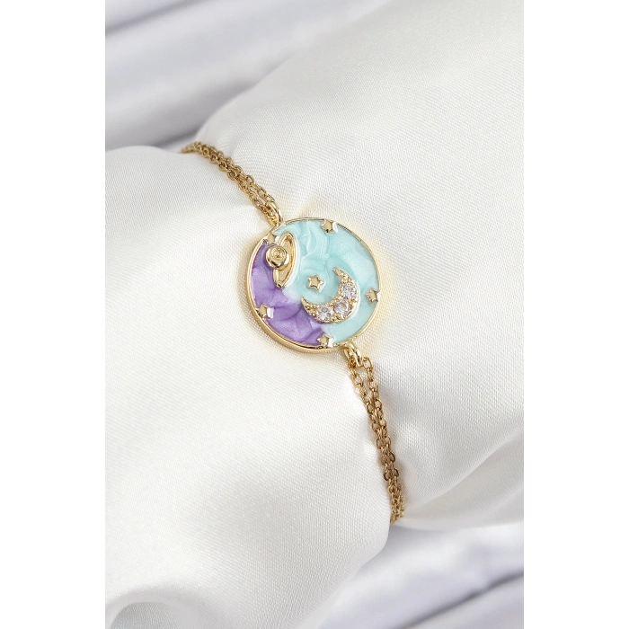 Erb 316L Çelik Zincir Mineli Sanatsal Portre Zirkon Taşlı Gezegen Model Gold Renk Kadın Bileklik