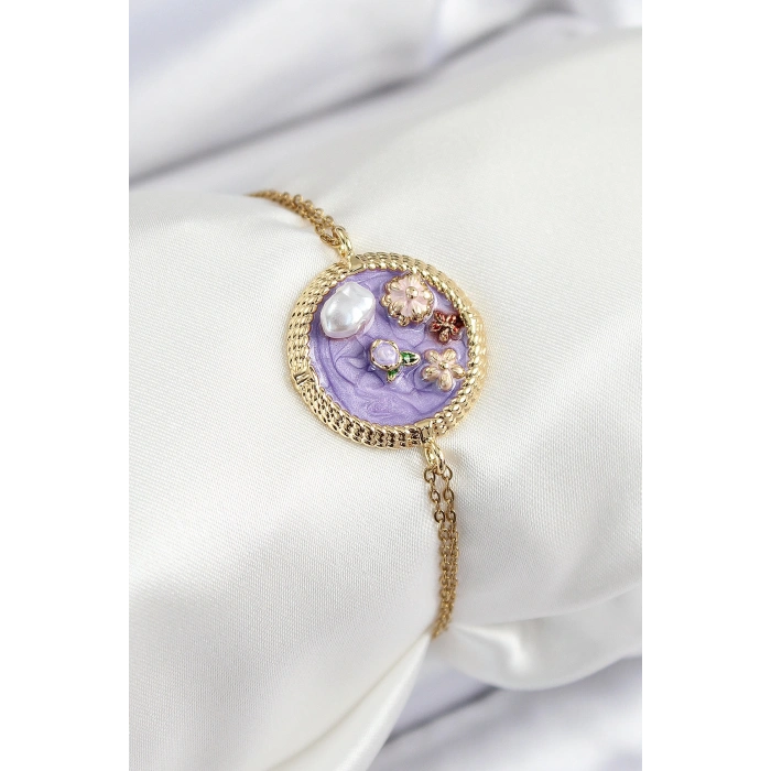 Erb 316L Çelik Zincir Mor Mineli Sanatsal Portre İnci Detaylı Çiçek Model Gold Renk Kadın Bileklik