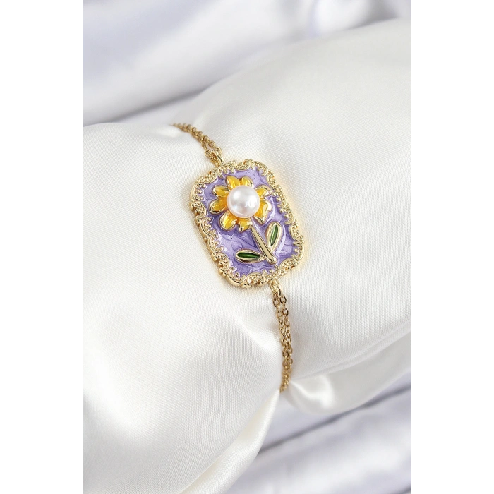 Erb 316L Çelik Zincir Mor Mineli Sanatsal Portre İnci Detaylı Papatya Model Gold Renk Kadın Bileklik