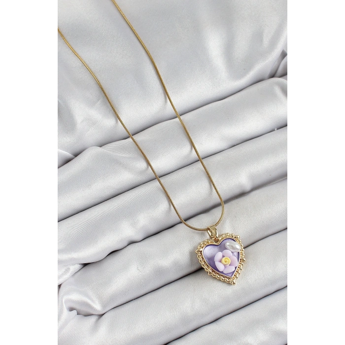 Erb 316L Çelik Zincir Mor Sanatsal Portre İnci Detaylı Papatya Figürlü Kalp Model Gold Renk Kadın Kolye