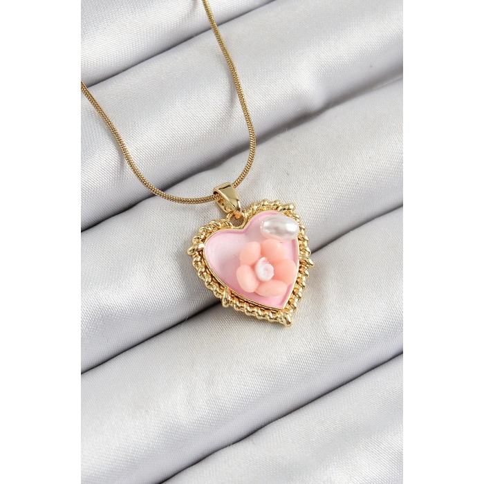 Erb 316L Çelik Zincir Pembe Sanatsal Portre İnci Detaylı Papatya Figürlü Kalp Model Gold Renk Kadın Kolye