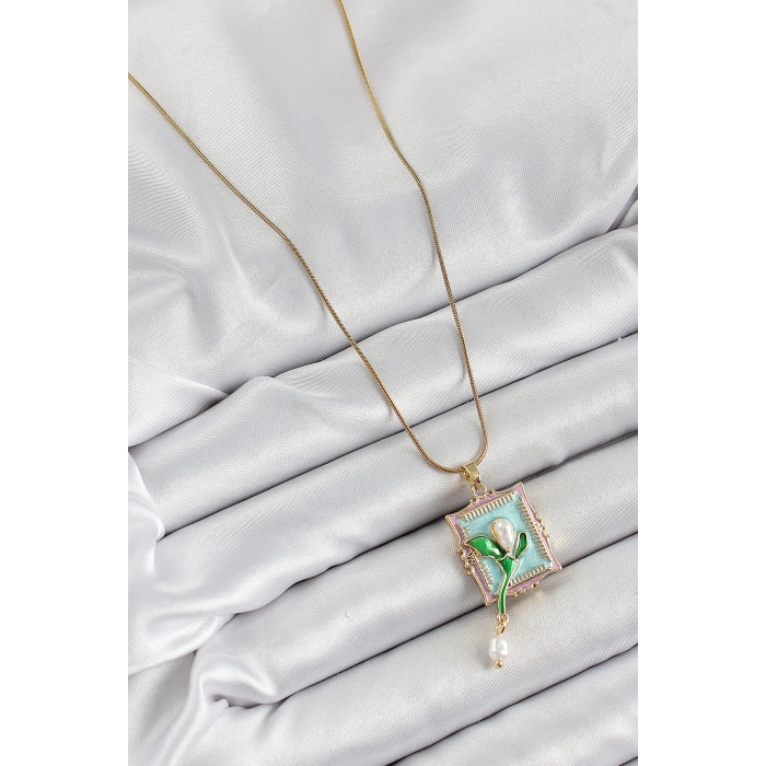 Erb 316L Çelik Zincir Turkuaz Sanatsal Portre Sallantılı İnci Detaylı Lale Model Gold Renk Kadın Kolye
