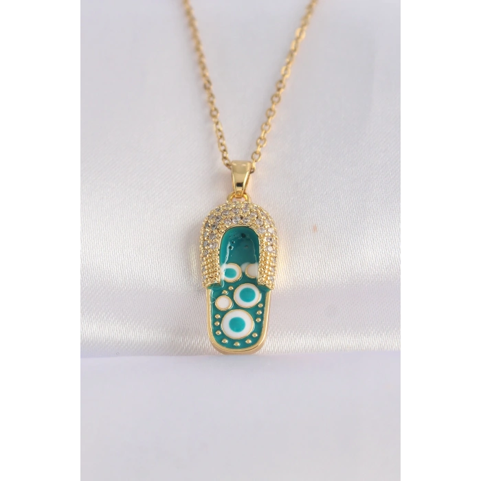 Erb 316L Çelik Zincir Zirkon Taşlı Altın Renk Nazarlı Terlik Tasarımlı Kolye