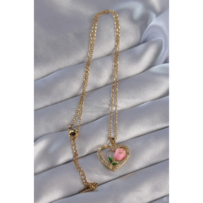 Erb 316L Çelik Zincirli Gold Renk Zirkon Taşlı Kalp İçinde Pembe Gül Tasarımlı Kolye