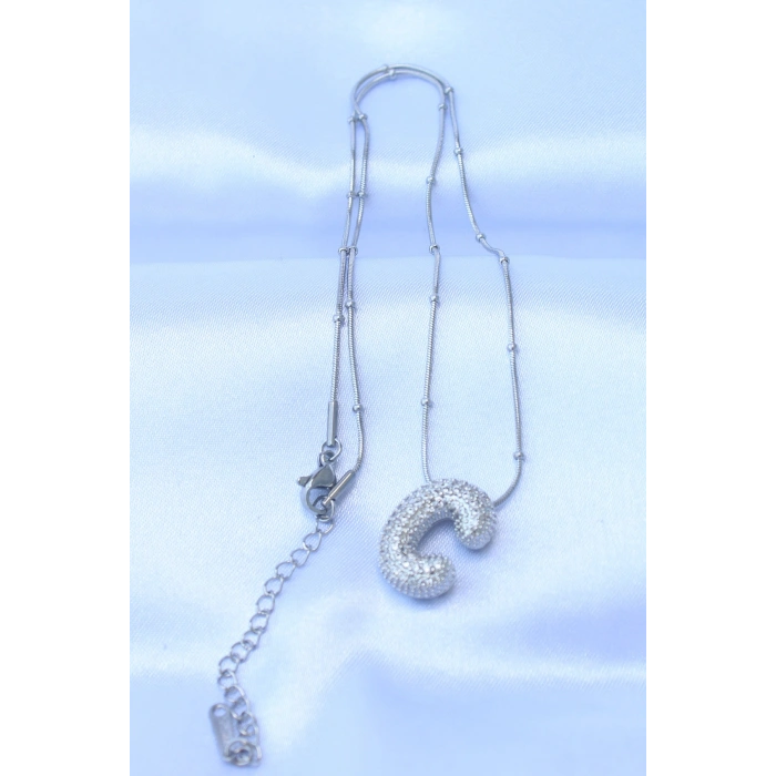 Erb 316L Çelik Zincirli Zirkon Taşlı C Harfli Gümüş Renk Bubble Kolye