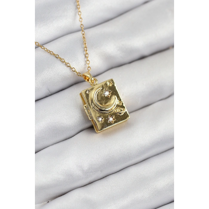 Erb 316L Çelik Zirkon Taşlı Açılabilr Kapaklı Kitap Model Gold Renk Kadın Kolye