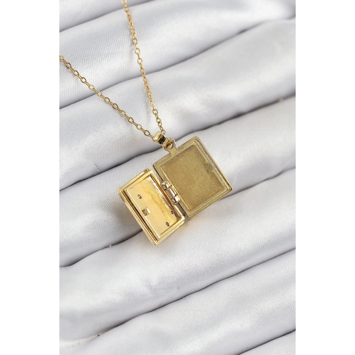 Erb 316L Çelik Zirkon Taşlı Açılabilr Kapaklı Kitap Model Gold Renk Kadın Kolye
