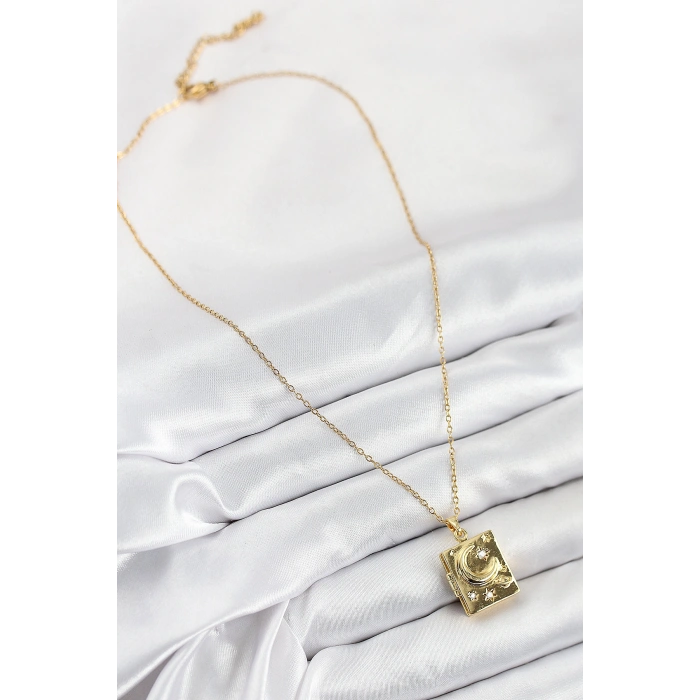 Erb 316L Çelik Zirkon Taşlı Açılabilr Kapaklı Kitap Model Gold Renk Kadın Kolye