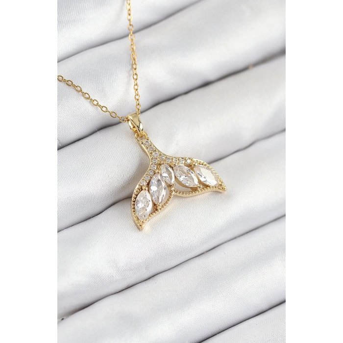 Erb 316L Çelik Zirkon Taşlı Balık Kuyruğu Model Gold Renk Kadın Kolye